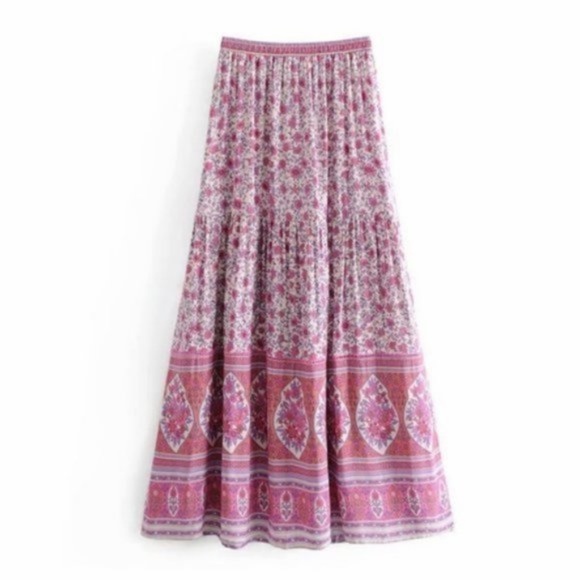 pink white Boho gypsy Floral Print Maxi Skirt - Picture 4 of 4